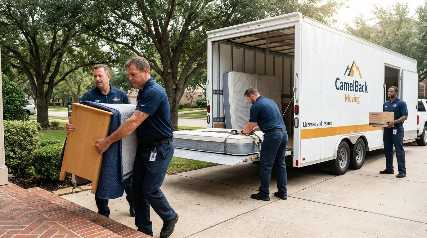 Crew loading residential truck for cross-state move from Lansing, IL