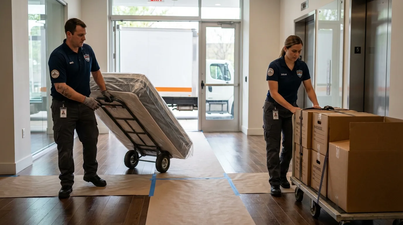 Professional apartment movers loading elevator in Lansing, IL